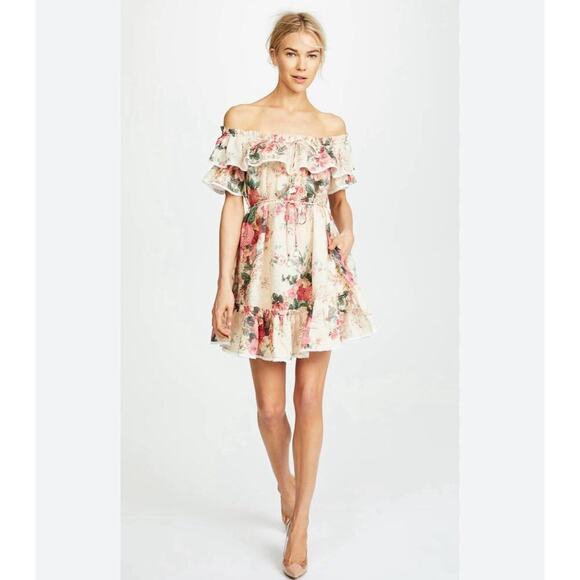Zimmermann Laelia Frill Tier Short Mini Dress Off Shoulder Floral Linen 2 US 8 - Picture 6 of 9